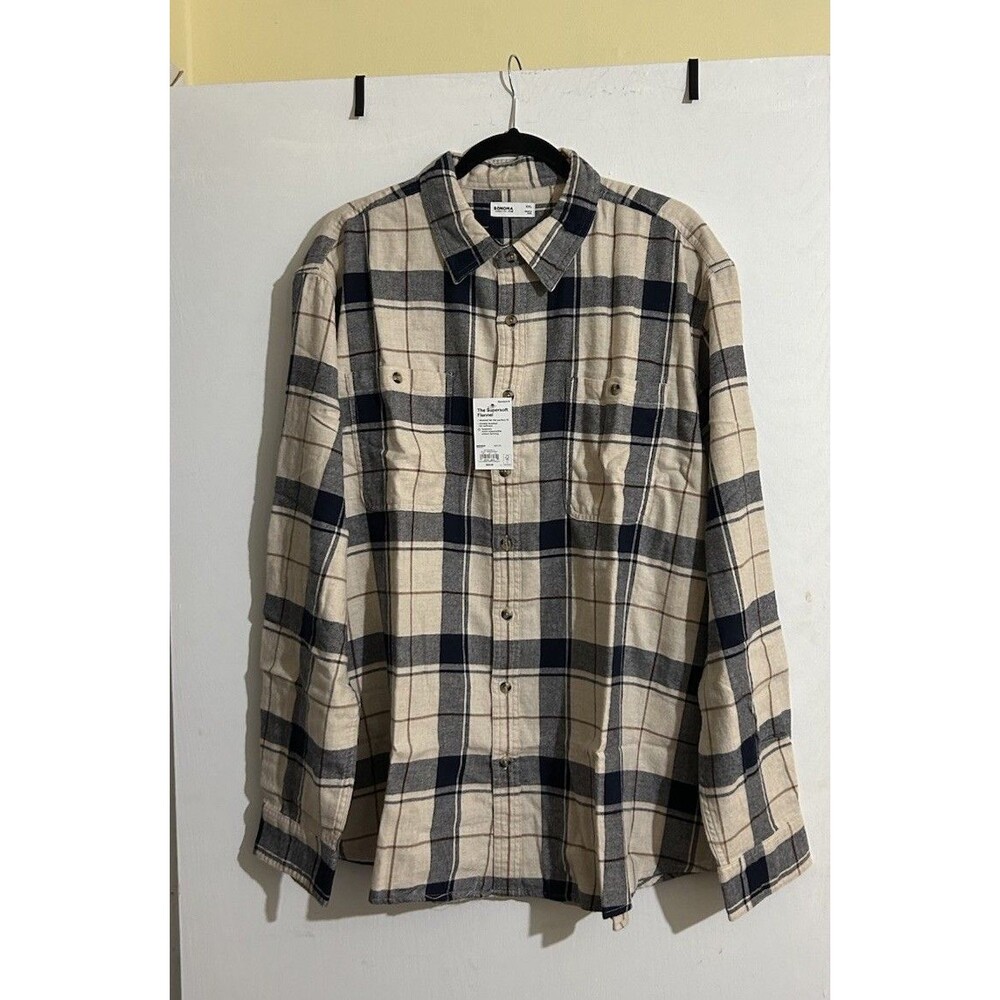 Sonoma Men's XXL Oat Navy Plaid Supersoft Flannel LS Button-Up Casual